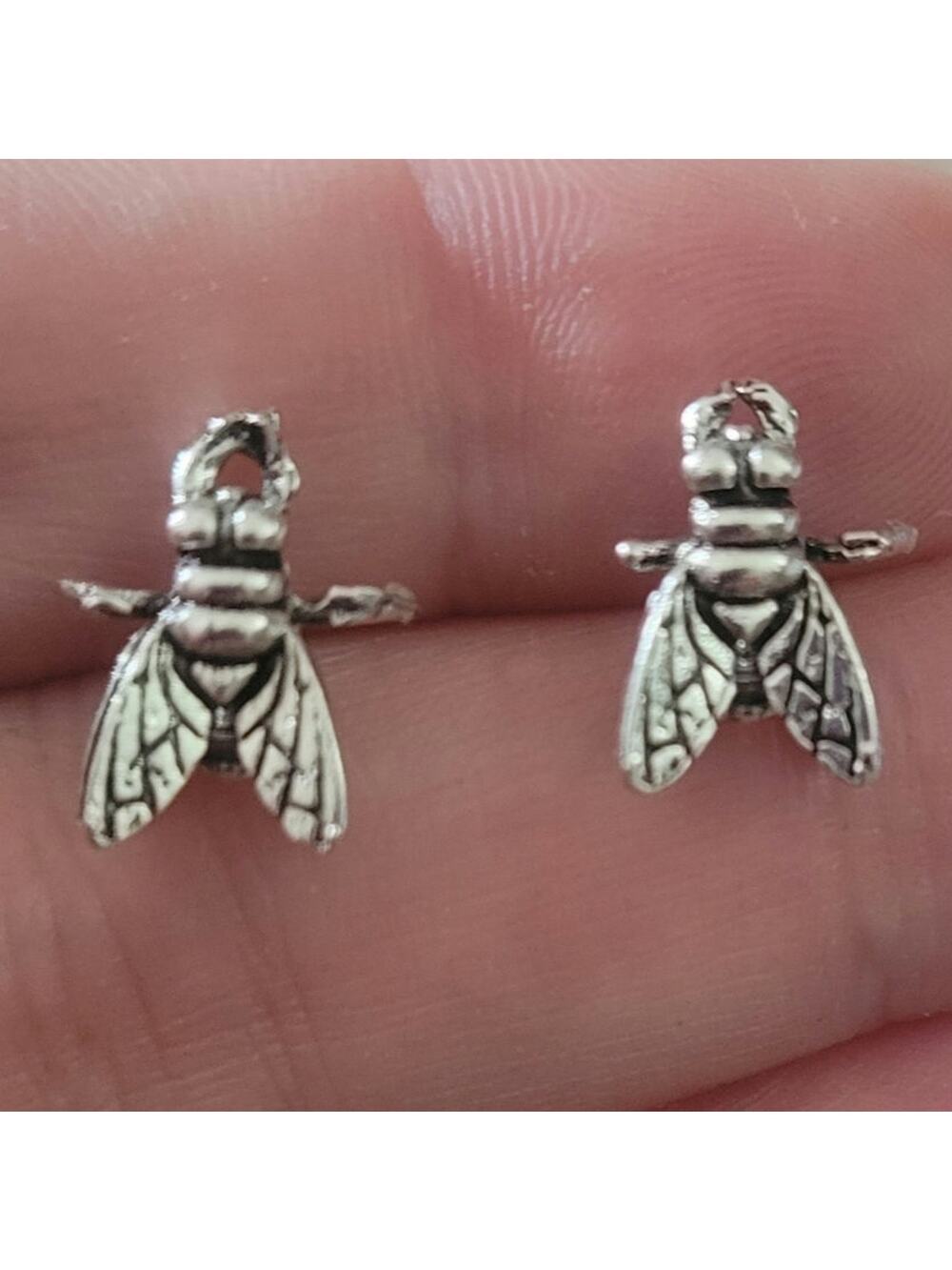 House fly silver tone post earrings